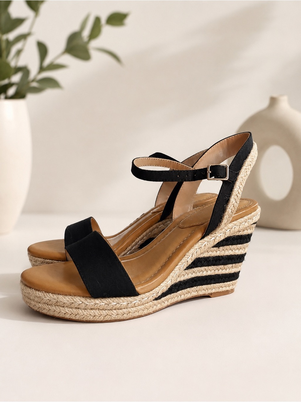 Kelly & Katie Black Espadrille Wedge Sandals with Ankle Strap
